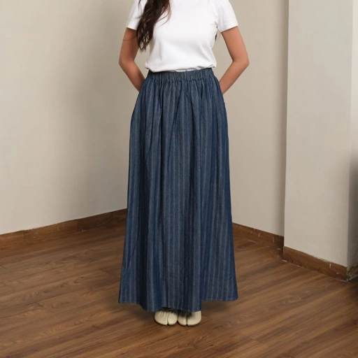 GIYOMI - Gia Stripes Skirt - Rok Wanita - Rok Bahan Soft Denim - Rok Panjang Elastis