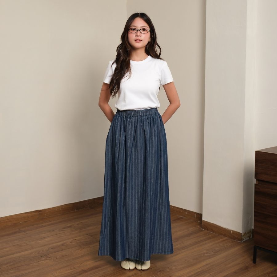 GIYOMI - Gia Stripes Skirt - Rok Wanita - Rok Bahan Soft Denim - Rok Panjang Elastis