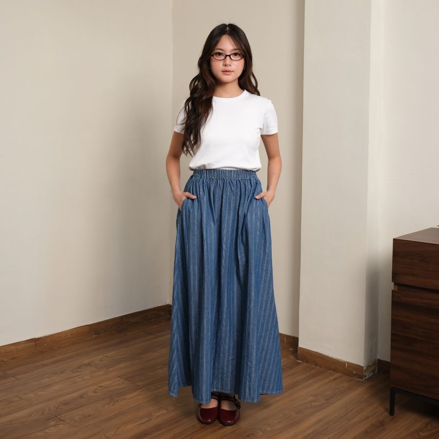 GIYOMI - Gia Stripes Skirt - Rok Wanita - Rok Bahan Soft Denim - Rok Panjang Elastis