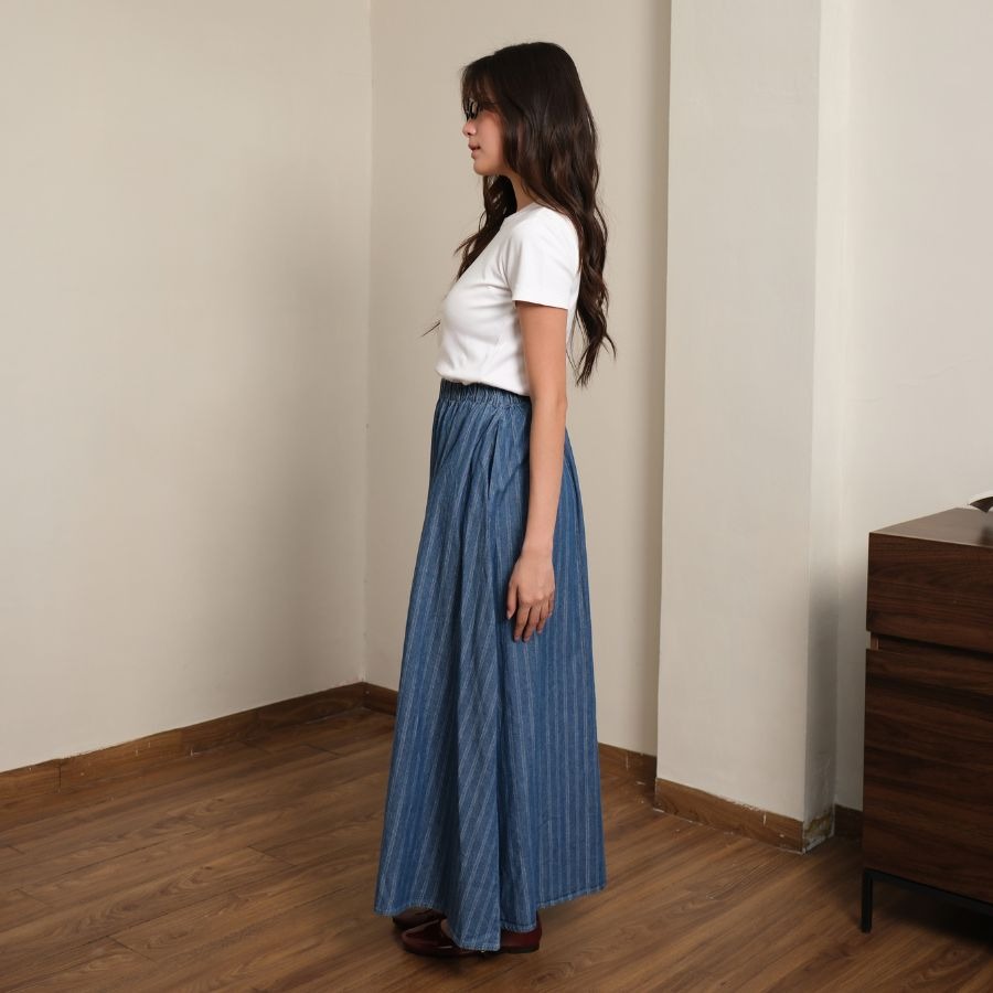GIYOMI - Gia Stripes Skirt - Rok Wanita - Rok Bahan Soft Denim - Rok Panjang Elastis