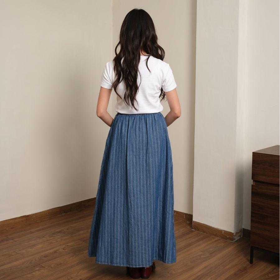 GIYOMI - Gia Stripes Skirt - Rok Wanita - Rok Bahan Soft Denim - Rok Panjang Elastis