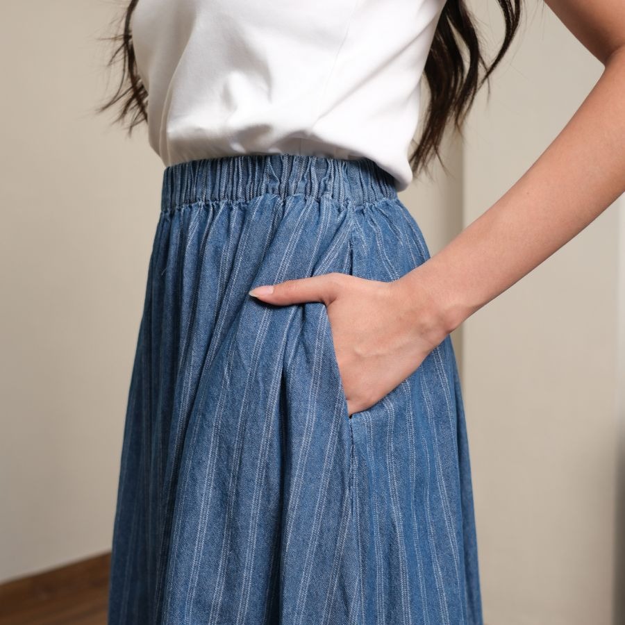GIYOMI - Gia Stripes Skirt - Rok Wanita - Rok Bahan Soft Denim - Rok Panjang Elastis