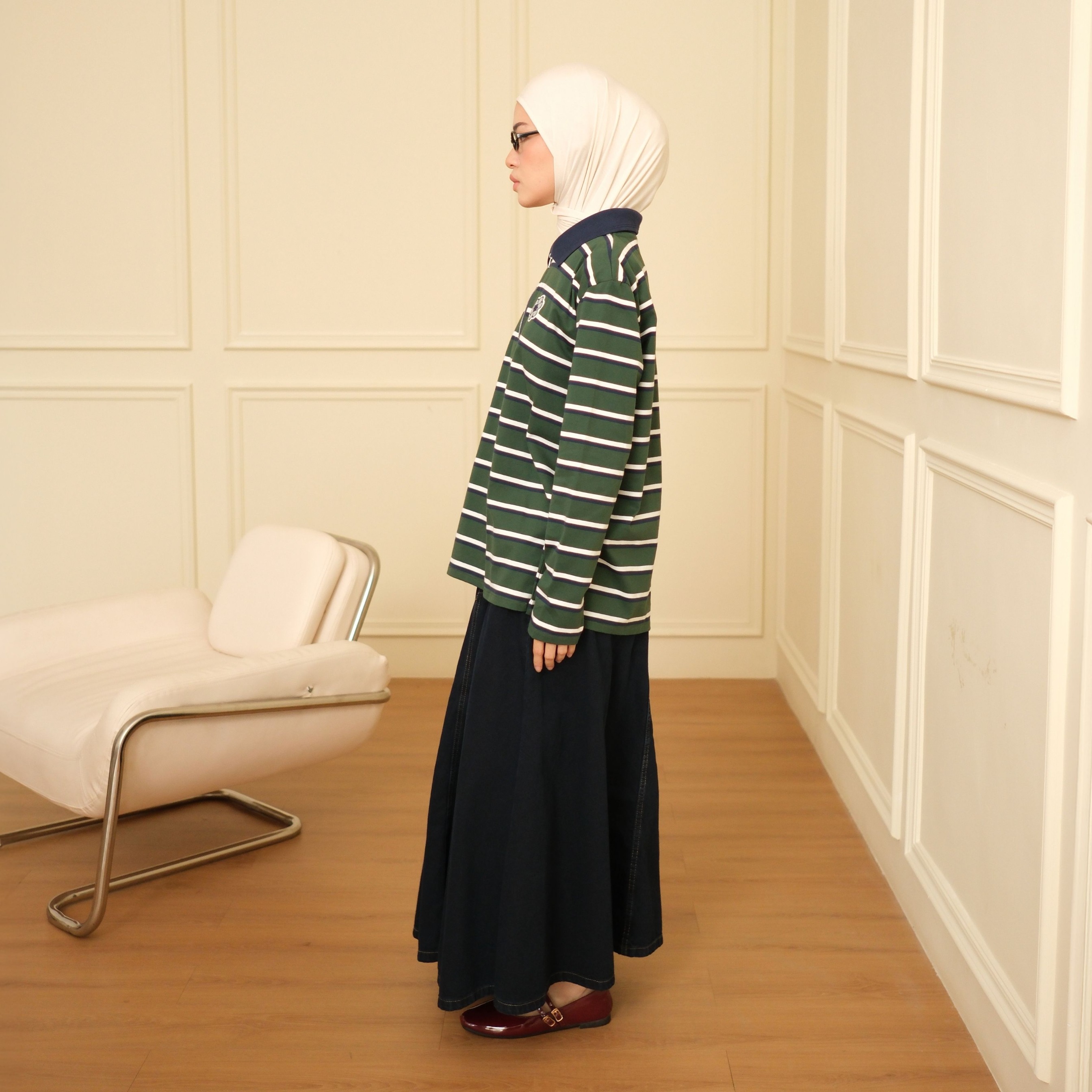 GIYOMI ID - Levia Top / Atasan Polo Wanita / Half Zipper / Stripe / Soft Cotton Blend