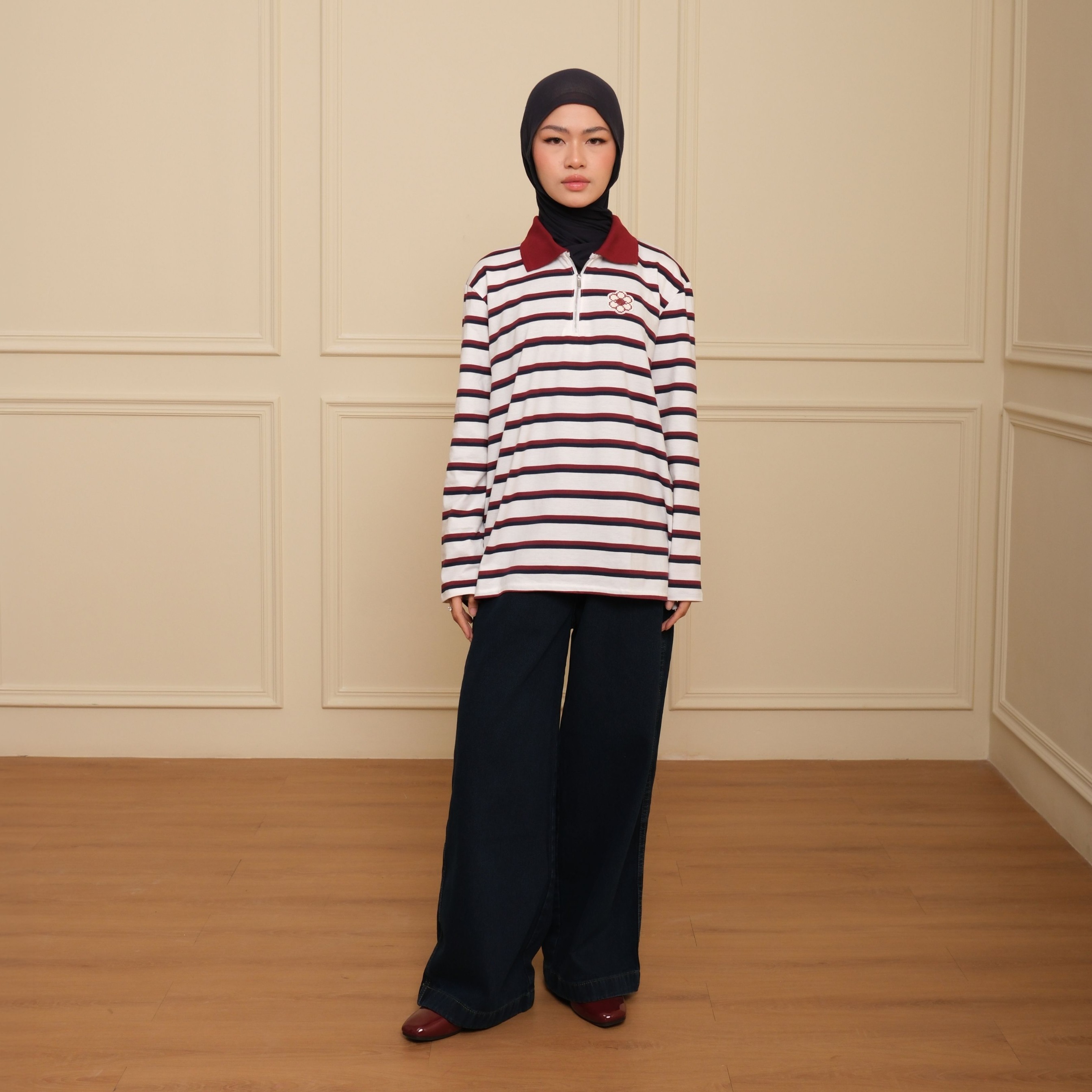 GIYOMI ID - Levia Top / Atasan Polo Wanita / Half Zipper / Stripe / Soft Cotton Blend