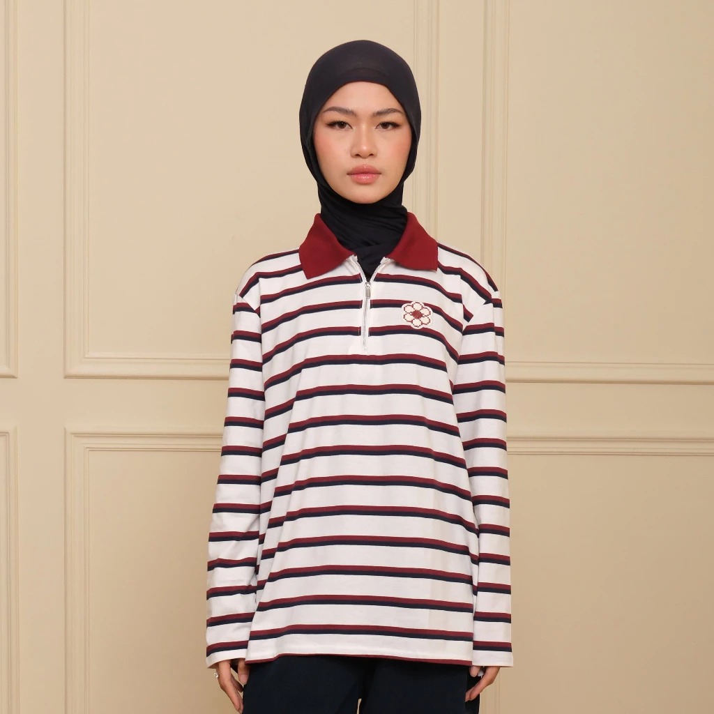 GIYOMI ID - Levia Top / Atasan Polo Wanita / Half Zipper / Stripe / Soft Cotton Blend