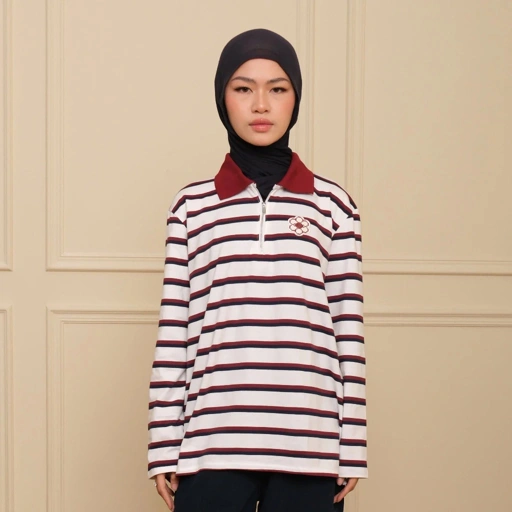 GIYOMI ID - Levia Top / Atasan Polo Wanita / Half Zipper / Stripe / Soft Cotton Blend