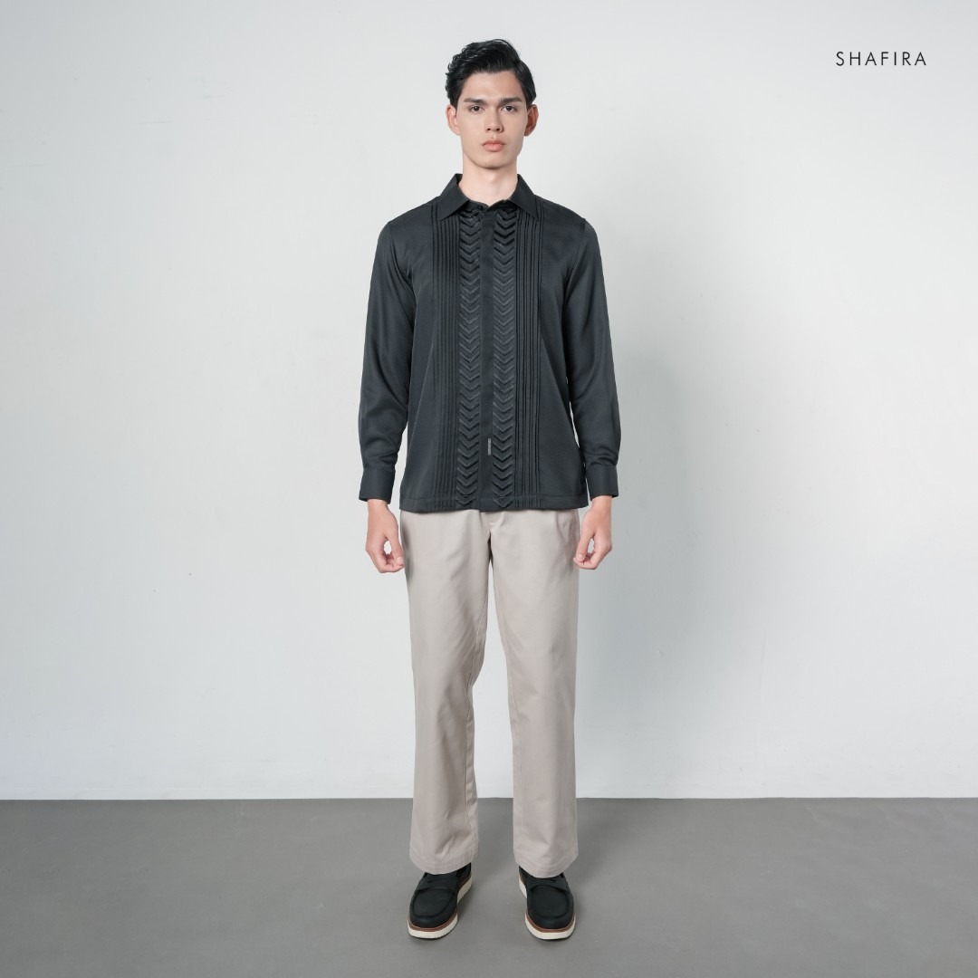 Shafira - Grandour Menswear - Dobby Long Sleeve Pintuck Shirt with Embroidery - Bahan Cotton Twill Shine