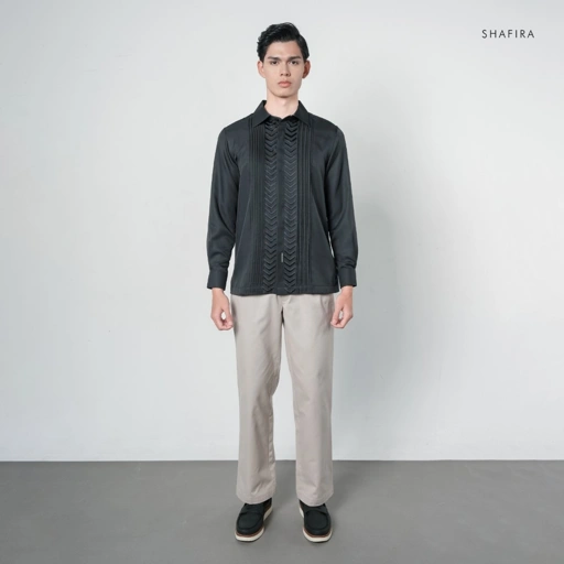 Shafira - Grandour Menswear - Dobby Long Sleeve Pintuck Shirt with Embroidery - Bahan Cotton Twill Shine