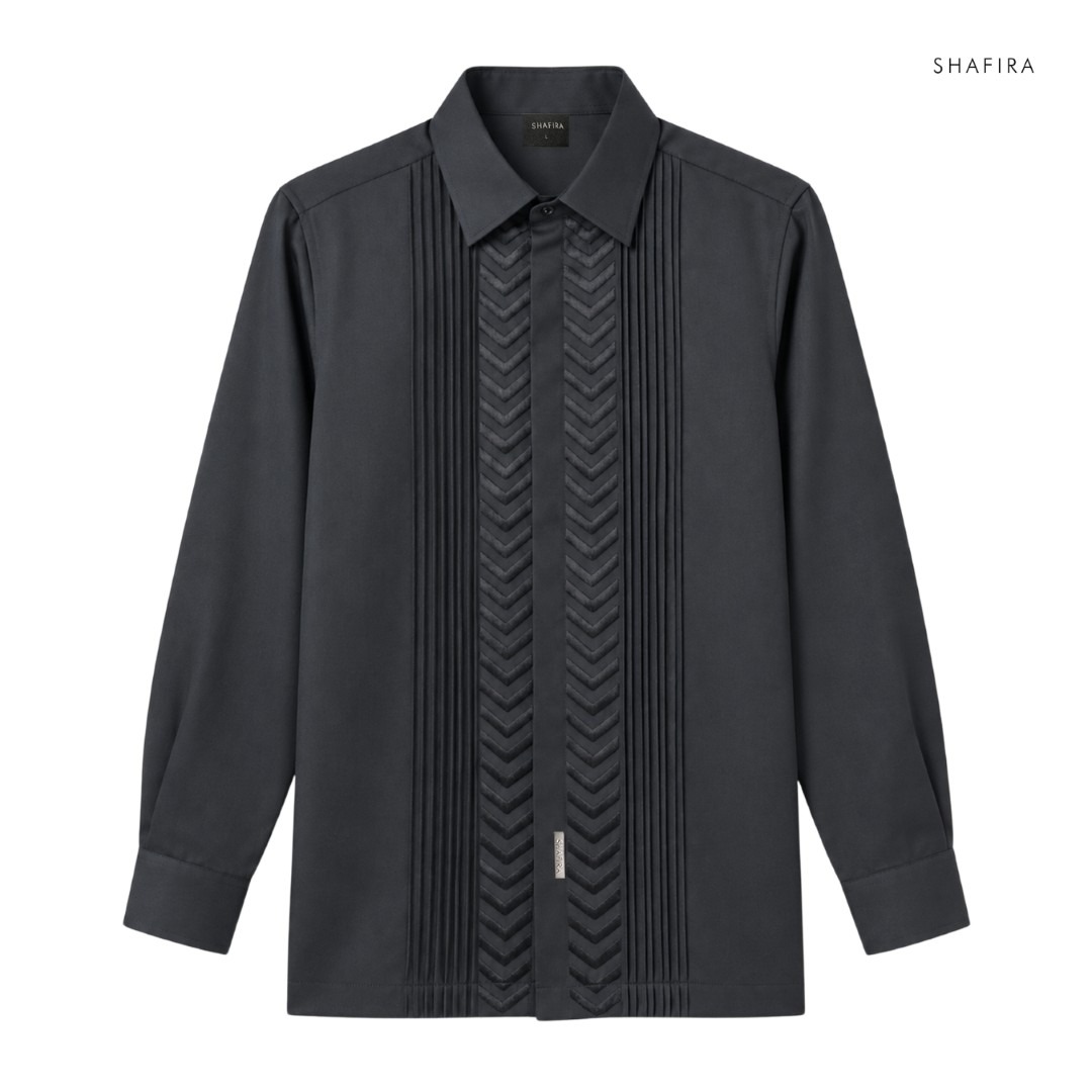 Shafira - Grandour Menswear - Dobby Long Sleeve Pintuck Shirt with Embroidery - Bahan Cotton Twill Shine