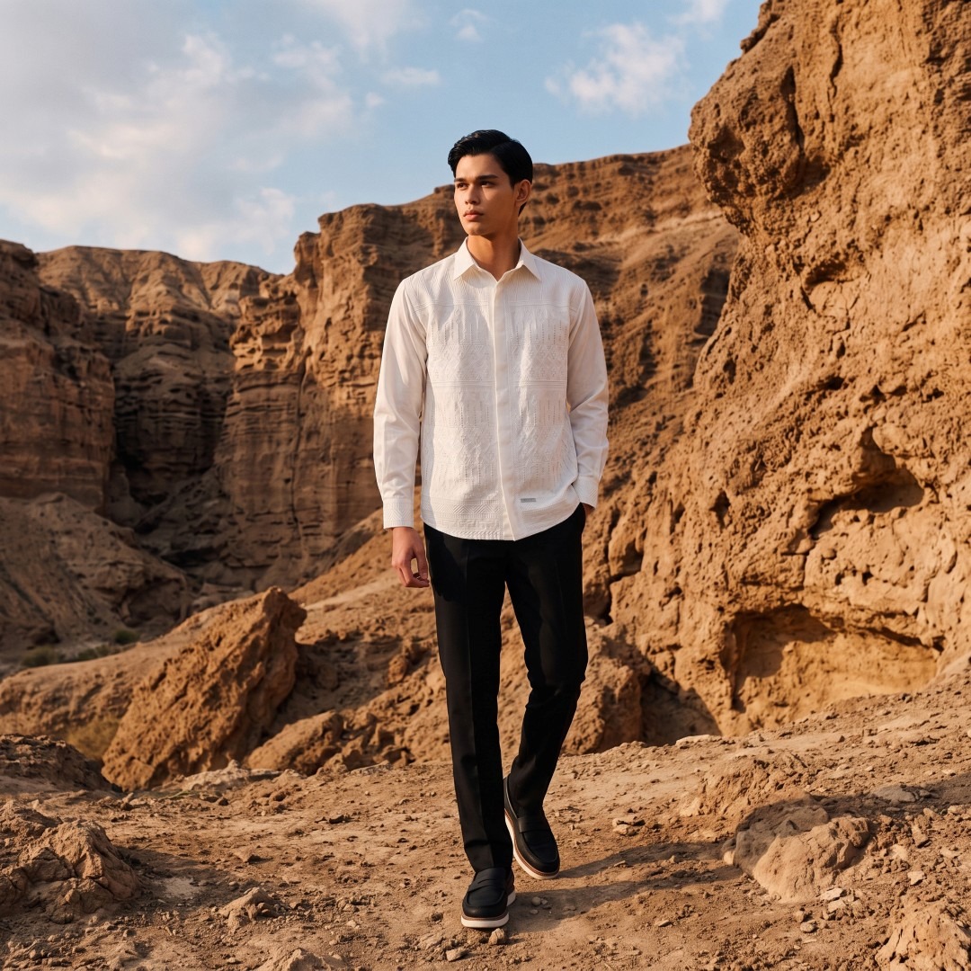 Shafira - Topaz Menswear - Cotton Textured Long Sleeve Shirt With Embroidery - Bahan Cotton Twill Shinel