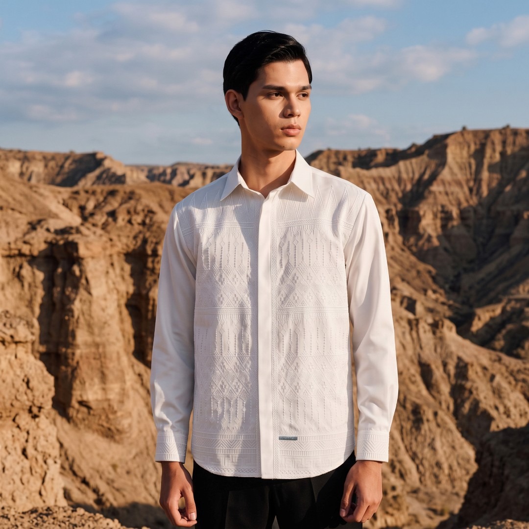 Shafira - Topaz Menswear - Cotton Textured Long Sleeve Shirt With Embroidery - Bahan Cotton Twill Shinel