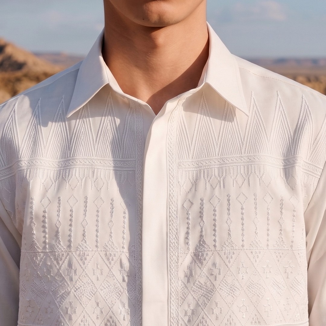 Shafira - Topaz Menswear - Cotton Textured Long Sleeve Shirt With Embroidery - Bahan Cotton Twill Shinel