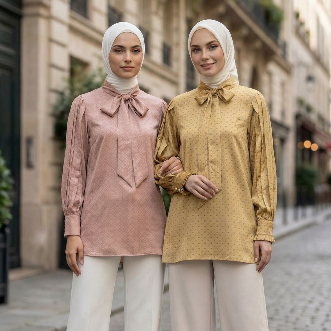 Shafira Yasmine Blouse | Tunik Atasan Wanita | Bahan Sateen Jacquard Printed