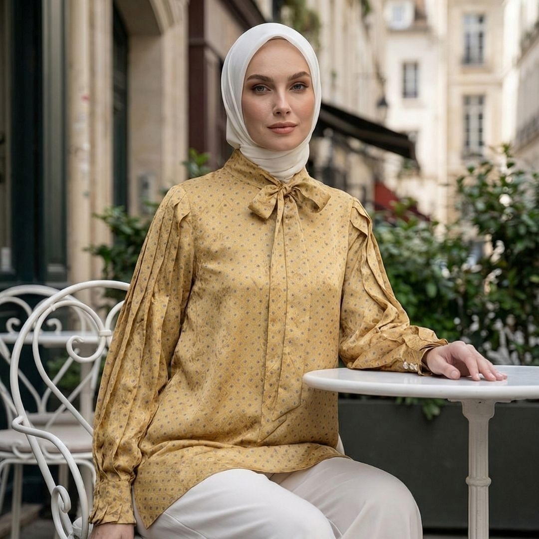 Shafira Yasmine Blouse | Tunik Atasan Wanita | Bahan Sateen Jacquard Printed