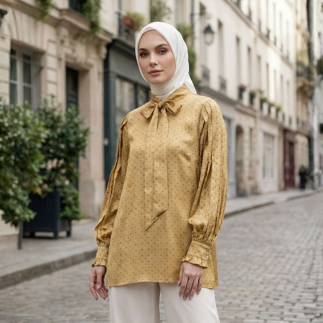 Shafira Yasmine Blouse | Tunik Atasan Wanita | Bahan Sateen Jacquard Printed