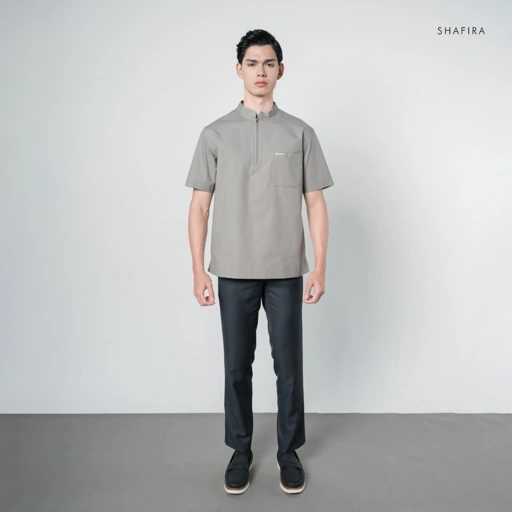 Shafira | Rivo Menswear | Cotton With Quarter Zip Short Sleeve Shirt Pria Premium | Bahan Cotton Twill