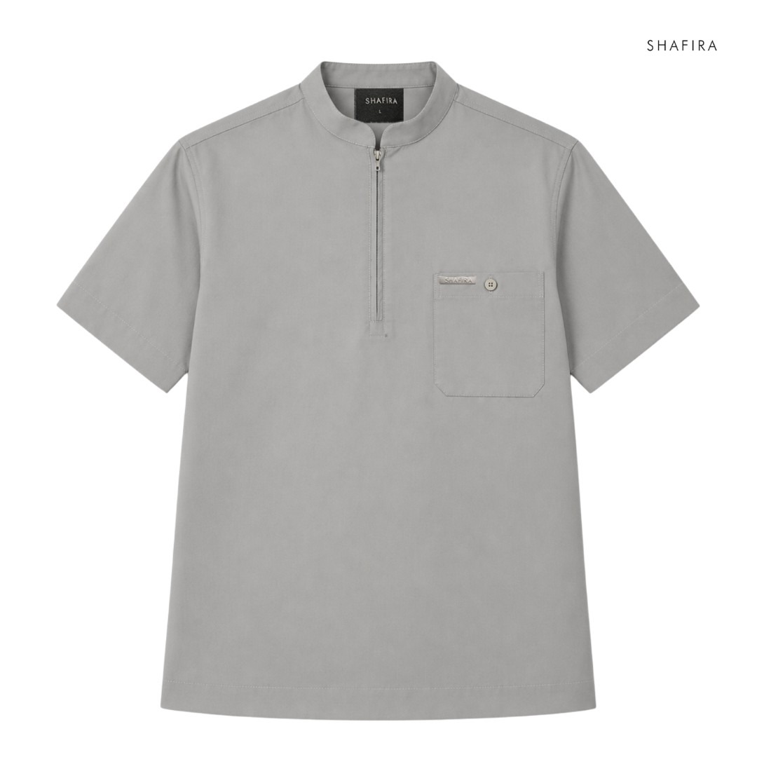 Shafira | Rivo Menswear | Cotton With Quarter Zip Short Sleeve Shirt Pria Premium | Bahan Cotton Twill