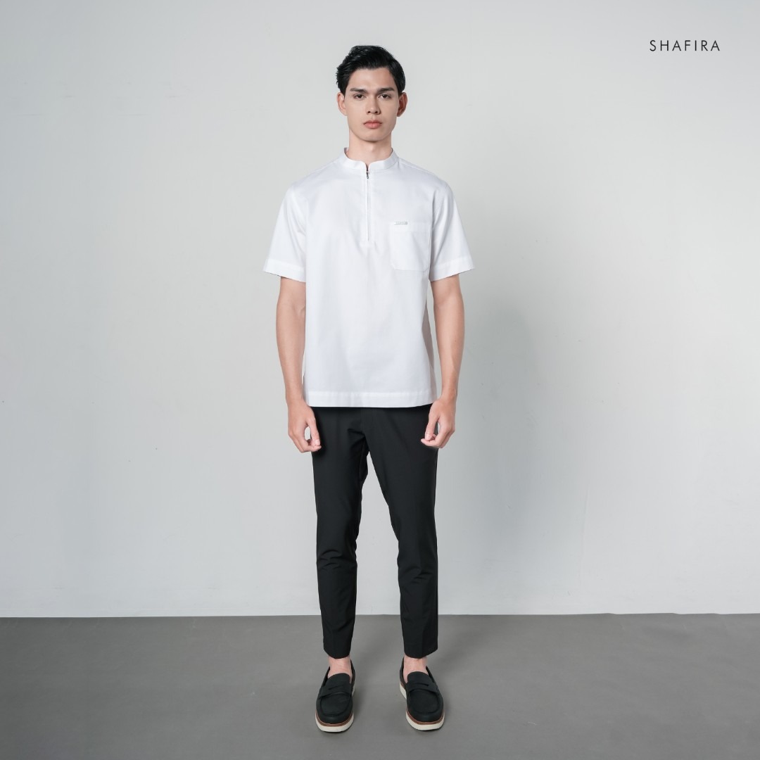 Shafira | Rivo Menswear | Cotton With Quarter Zip Short Sleeve Shirt Pria Premium | Bahan Cotton Twill