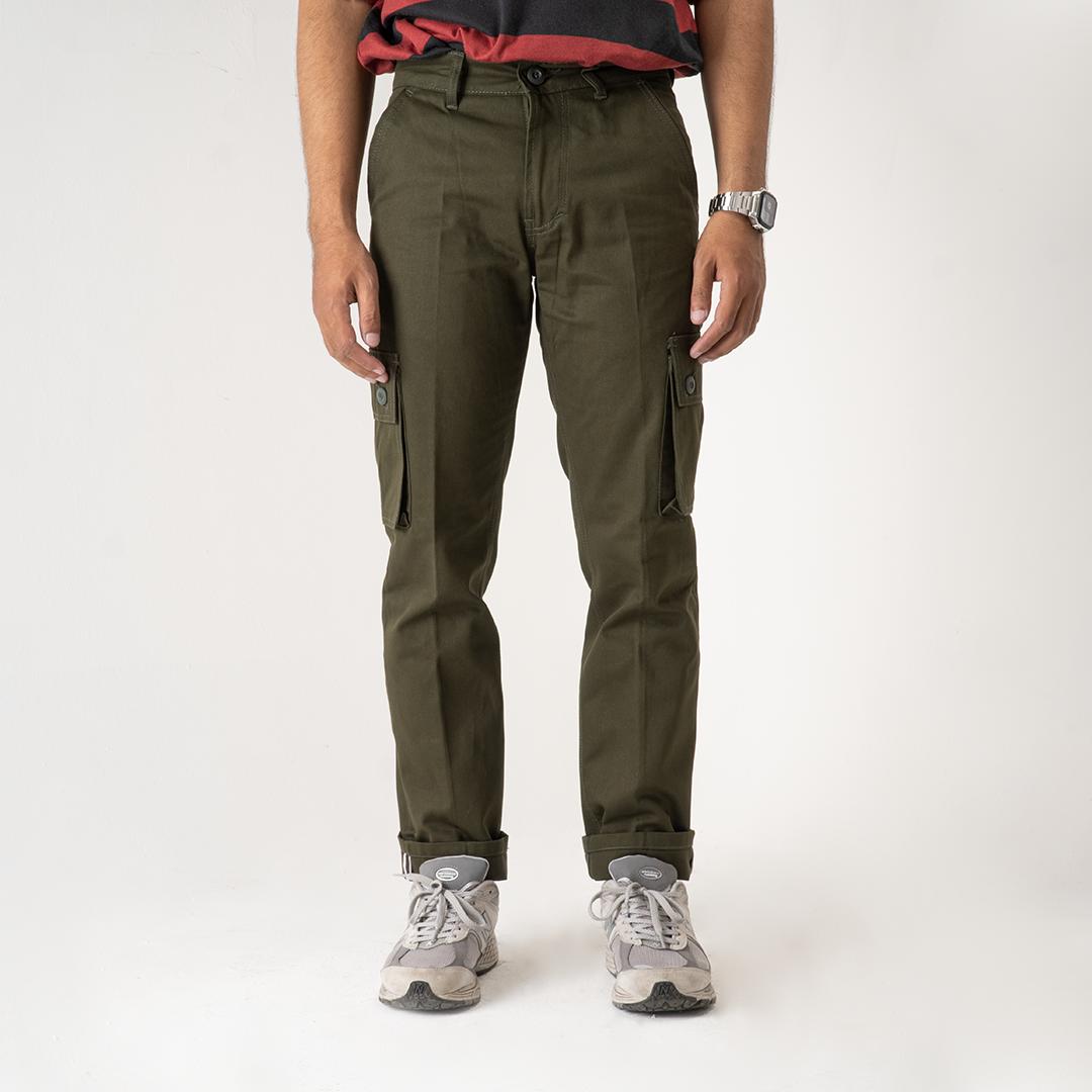 CARGO PANTS GREEN ARMY SELVEDGE ACCENT Slim Twill Panjang Chino Straight Pria Celana Hitam Kerja Katun