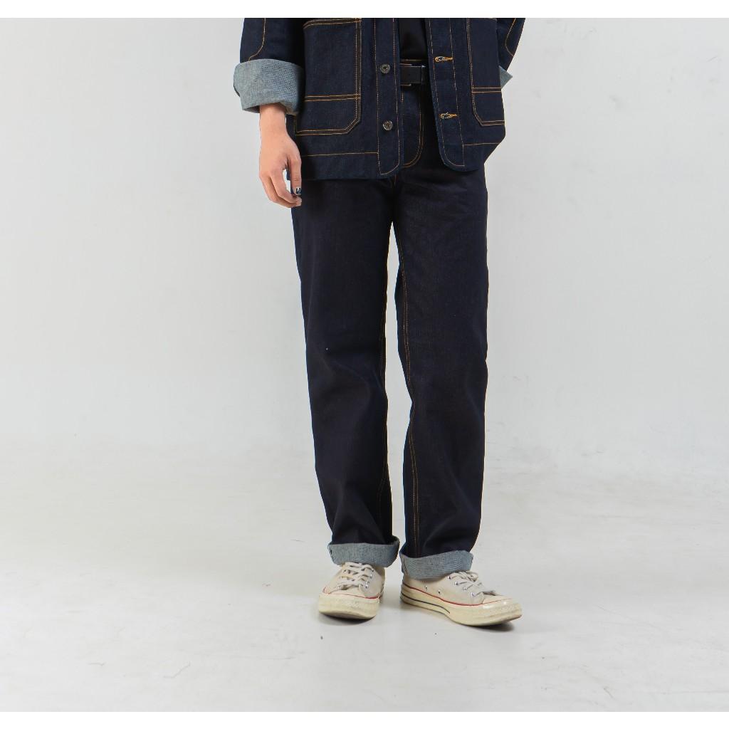 FUJI1995 X DISTIN DENIM BLACK INDIGO PANTS SELVEDGE ACCENT 15.5OZ Jeans Pria Panjang Slim Straight Fit