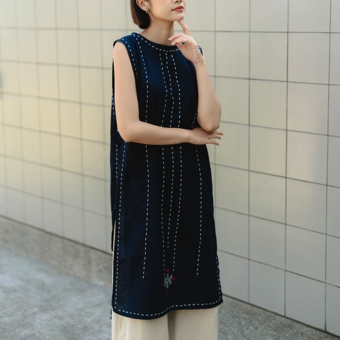 Dama Kara Jalin Long Vest Sashiko