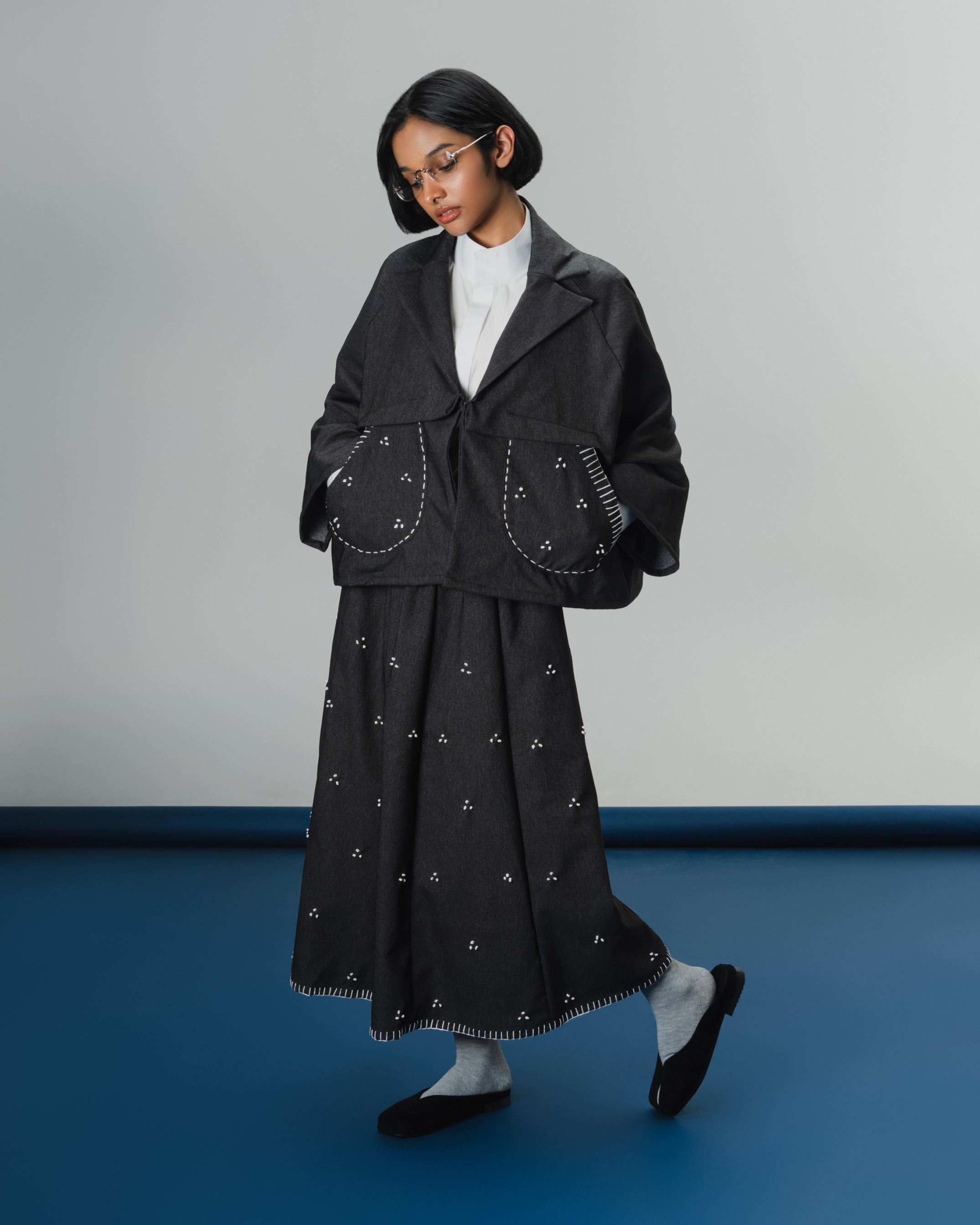Dama Kara Rintik Sashiko Panel Skirt