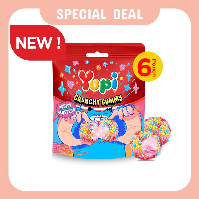 Six Pack Yupi Crunchy Gummy Fruity Clusters Pouch 50 Gram