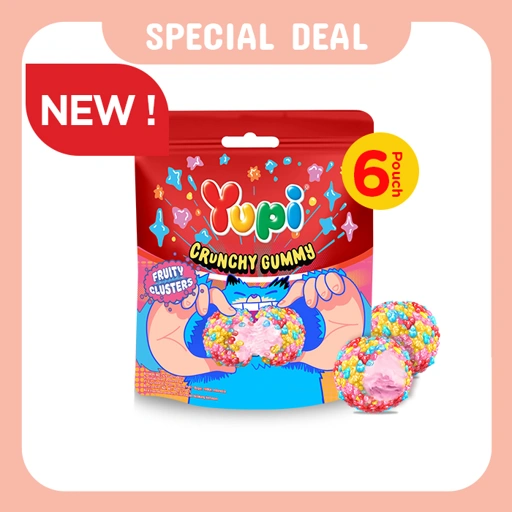 Six Pack Yupi Crunchy Gummy Fruity Clusters Pouch 50 Gram