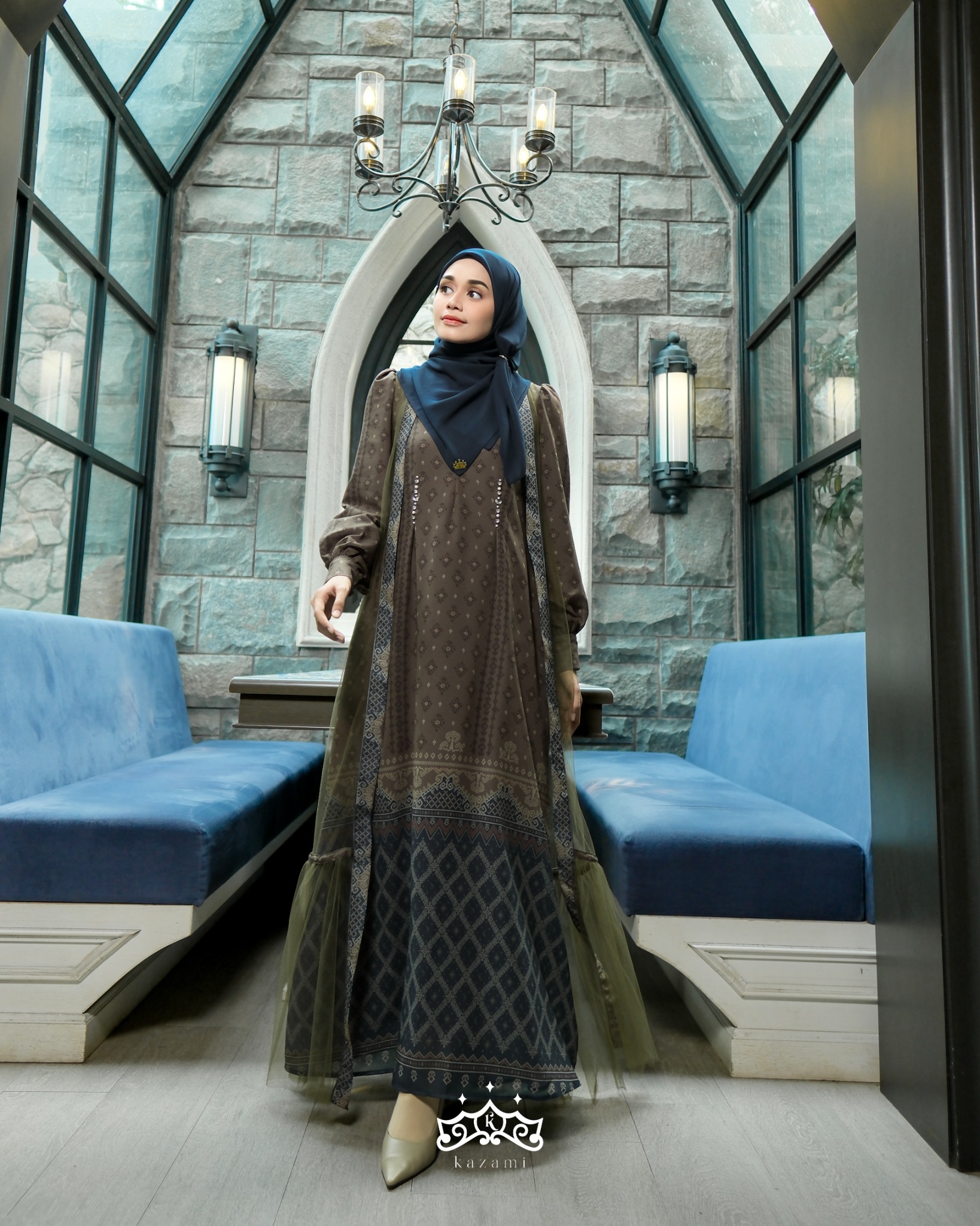 Kazami - Dress Mom Dewasa Printing Sarimbit Motif Bahtera Cinta Style 1 Free Outer