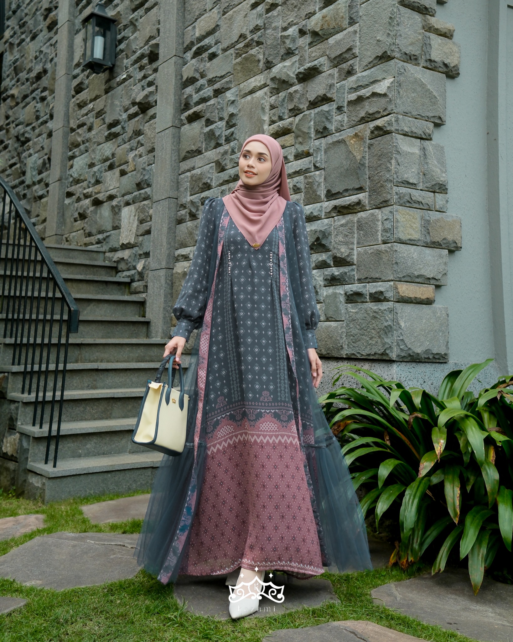 Kazami - Dress Mom Dewasa Printing Sarimbit Motif Bahtera Cinta Style 1 Free Outer