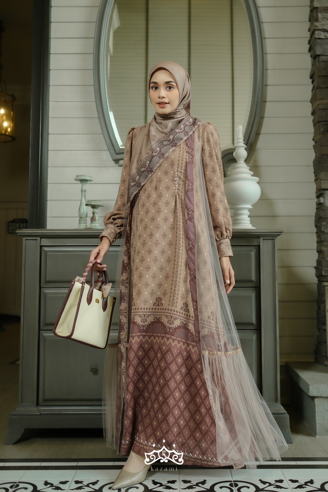 Kazami - Dress Mom Dewasa Printing Sarimbit Motif Bahtera Cinta Style 1 Free Outer