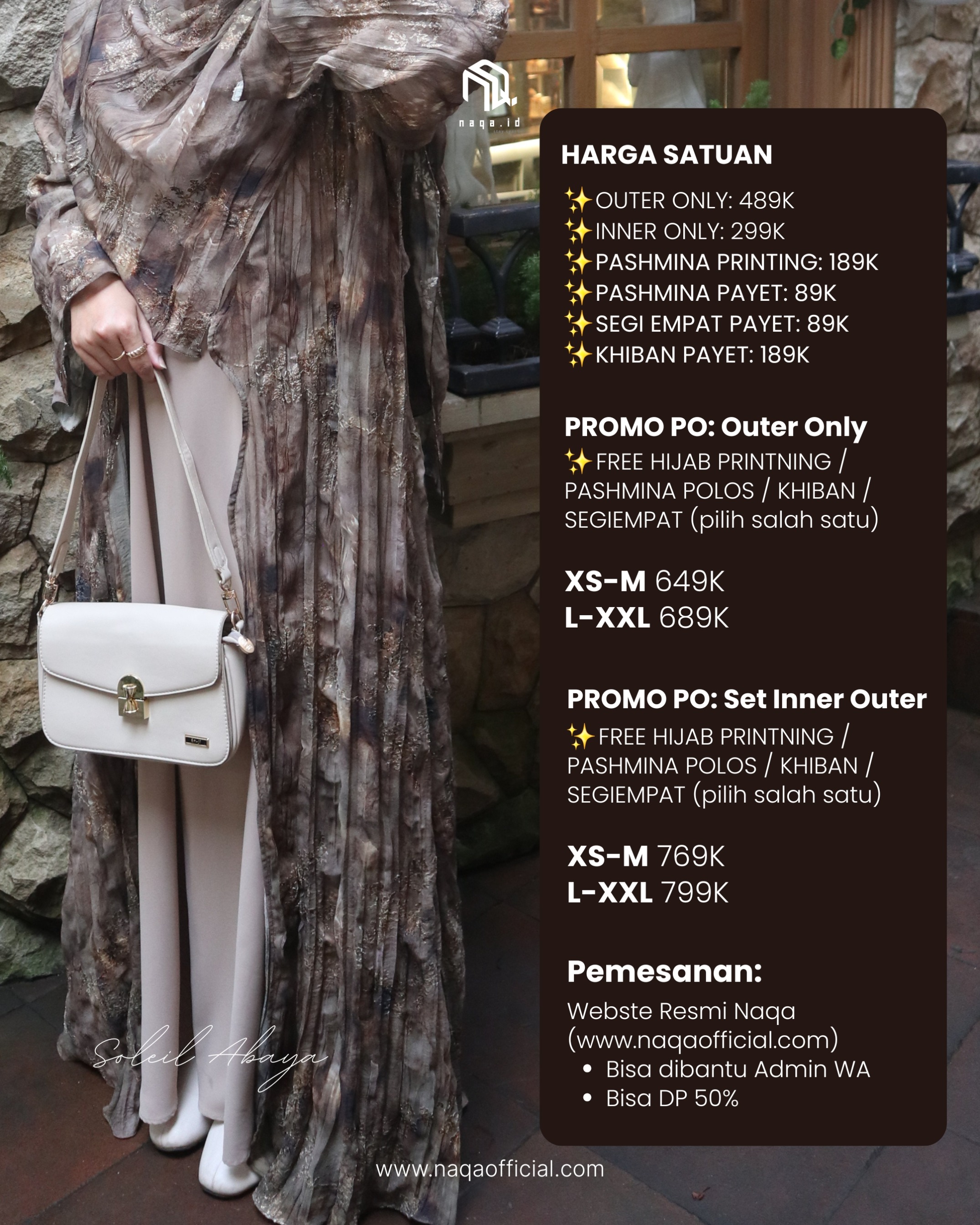 [READY STOCK] SET INNER OUTER - SOLEIL ABAYA - COCOA BEANS by naqa.id