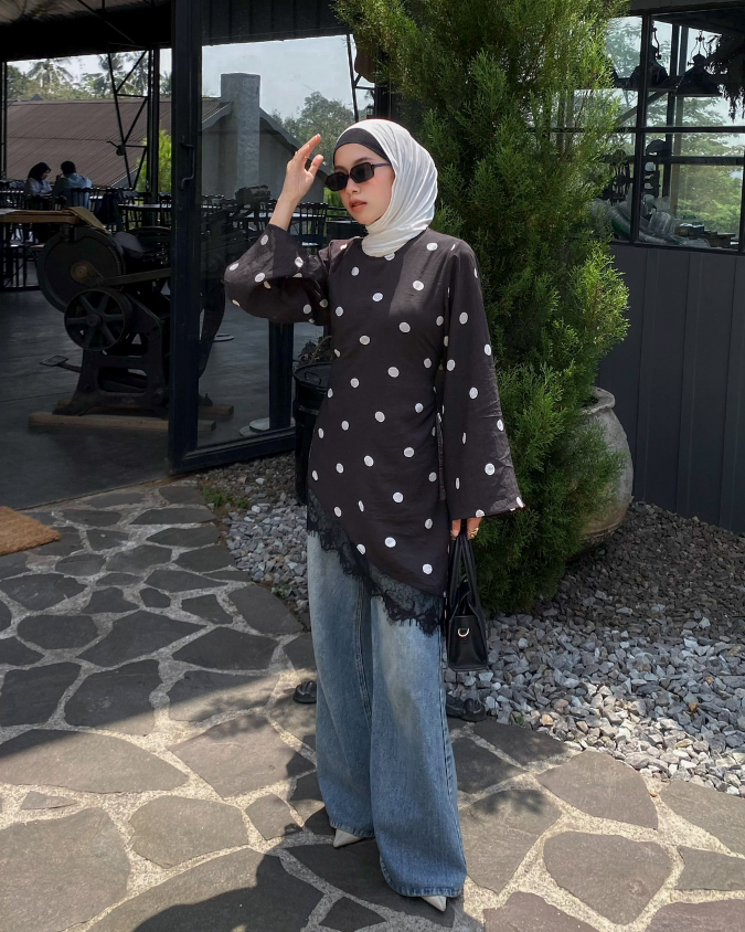 Irine | Jena Lace | Blouse Wanita Lengan Panjang Motif Polkadot Casual Bahan Ringan Sejuk | Atasan Wanita Polka Series Kombinasi Renda Import Premium Kekinian Elegan Sehari-hari