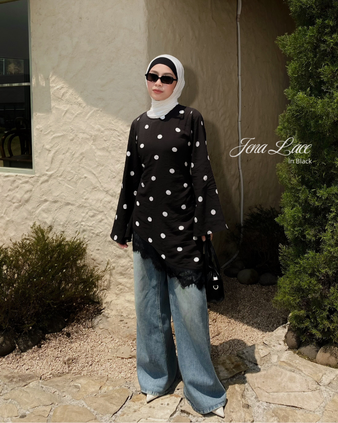 Irine | Jena Lace | Blouse Wanita Lengan Panjang Motif Polkadot Casual Bahan Ringan Sejuk | Atasan Wanita Polka Series Kombinasi Renda Import Premium Kekinian Elegan Sehari-hari