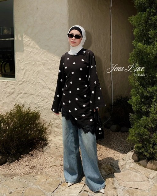Irine | Jena Lace | Blouse Wanita Lengan Panjang Motif Polkadot Casual Bahan Ringan Sejuk | Atasan Wanita Polka Series Kombinasi Renda Import Premium Kekinian Elegan Sehari-hari