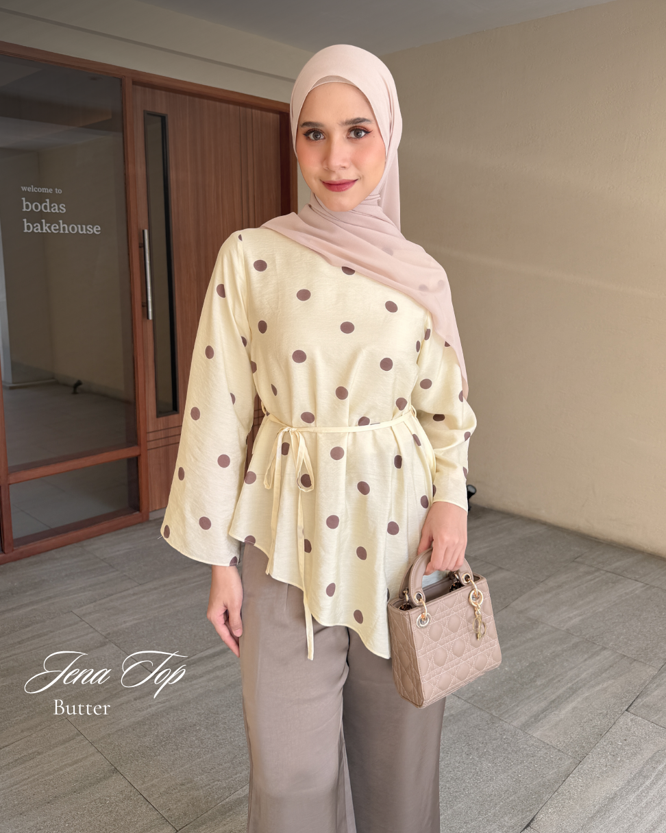 Irine | Jena Top | Blouse Wanita Tencel Nylon Motif Polkadot Bahan Ringan Sejuk | Blouse Polka Series Atasan Wanita Elegan Sehari-hari