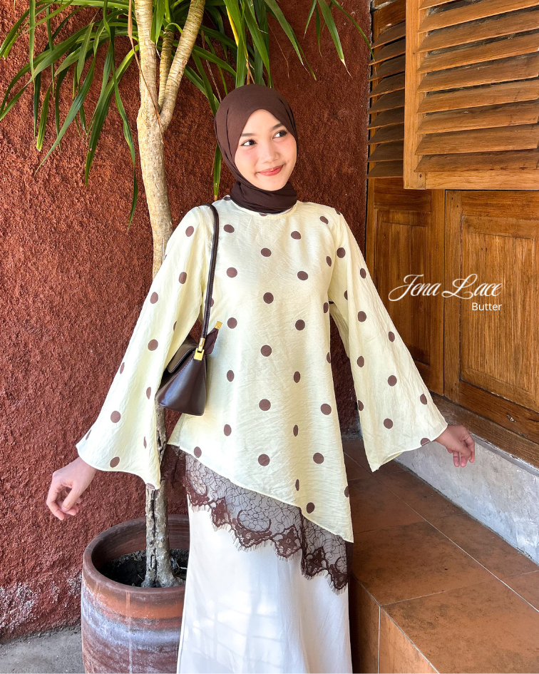 Irine | Jena Lace | Blouse Wanita Lengan Panjang Motif Polkadot Casual Bahan Ringan Sejuk | Atasan Wanita Polka Series Kombinasi Renda Import Premium Kekinian Elegan Sehari-hari