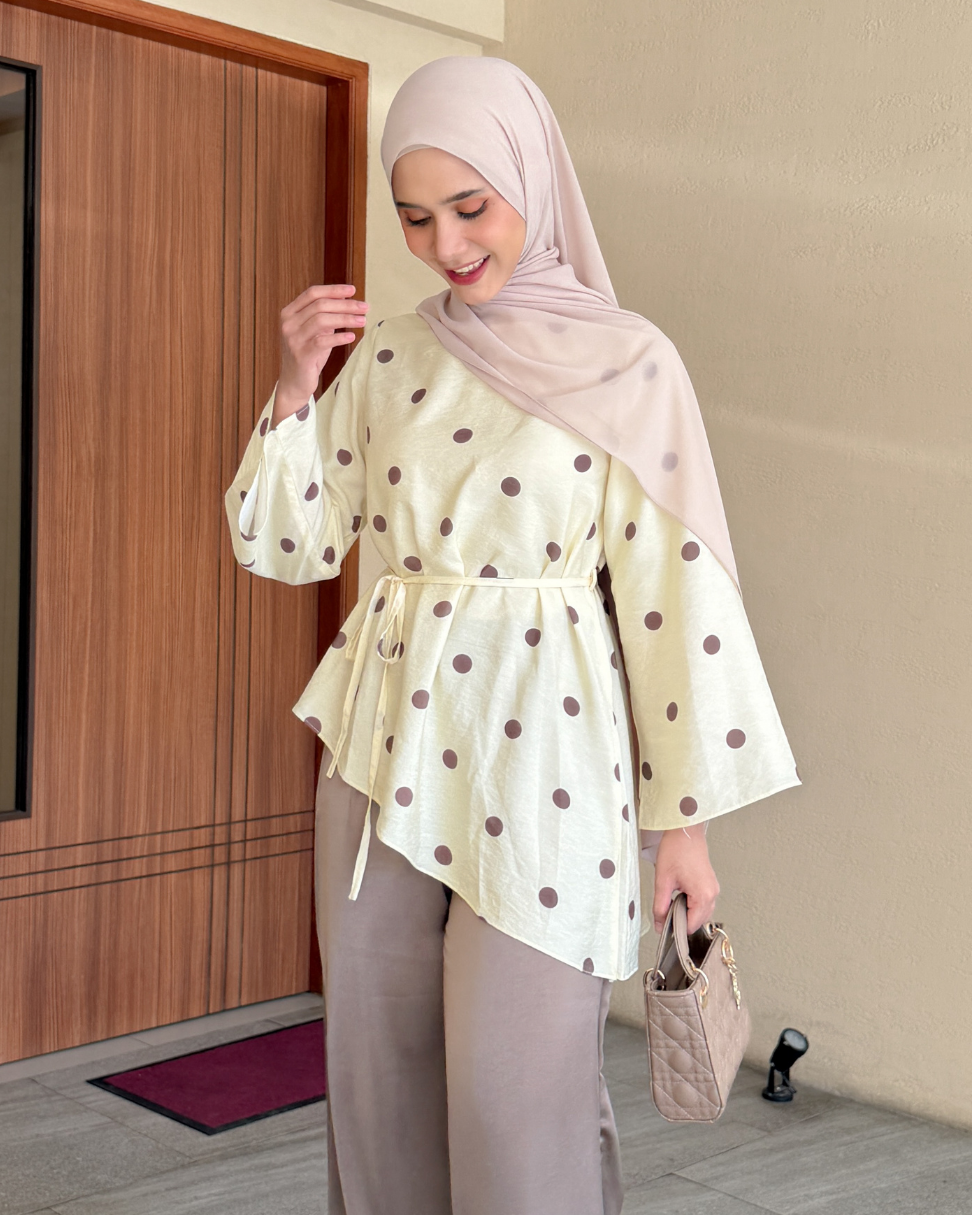 Irine | Jena Top | Blouse Wanita Tencel Nylon Motif Polkadot Bahan Ringan Sejuk | Blouse Polka Series Atasan Wanita Elegan Sehari-hari