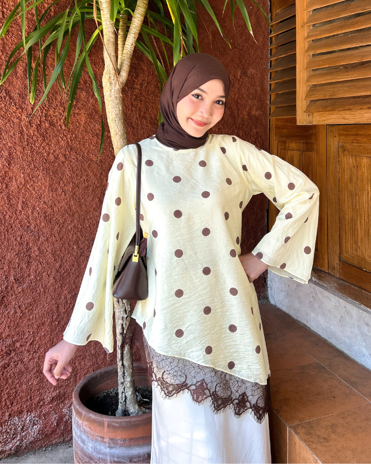 Irine | Jena Lace | Blouse Wanita Lengan Panjang Motif Polkadot Casual Bahan Ringan Sejuk | Atasan Wanita Polka Series Kombinasi Renda Import Premium Kekinian Elegan Sehari-hari