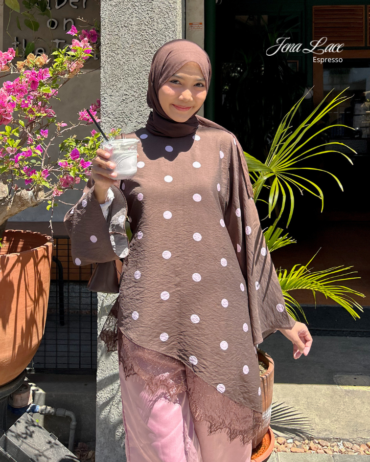Irine | Jena Lace | Blouse Wanita Lengan Panjang Motif Polkadot Casual Bahan Ringan Sejuk | Atasan Wanita Polka Series Kombinasi Renda Import Premium Kekinian Elegan Sehari-hari