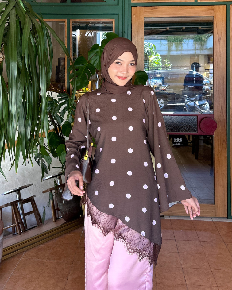 Irine | Jena Lace | Blouse Wanita Lengan Panjang Motif Polkadot Casual Bahan Ringan Sejuk | Atasan Wanita Polka Series Kombinasi Renda Import Premium Kekinian Elegan Sehari-hari