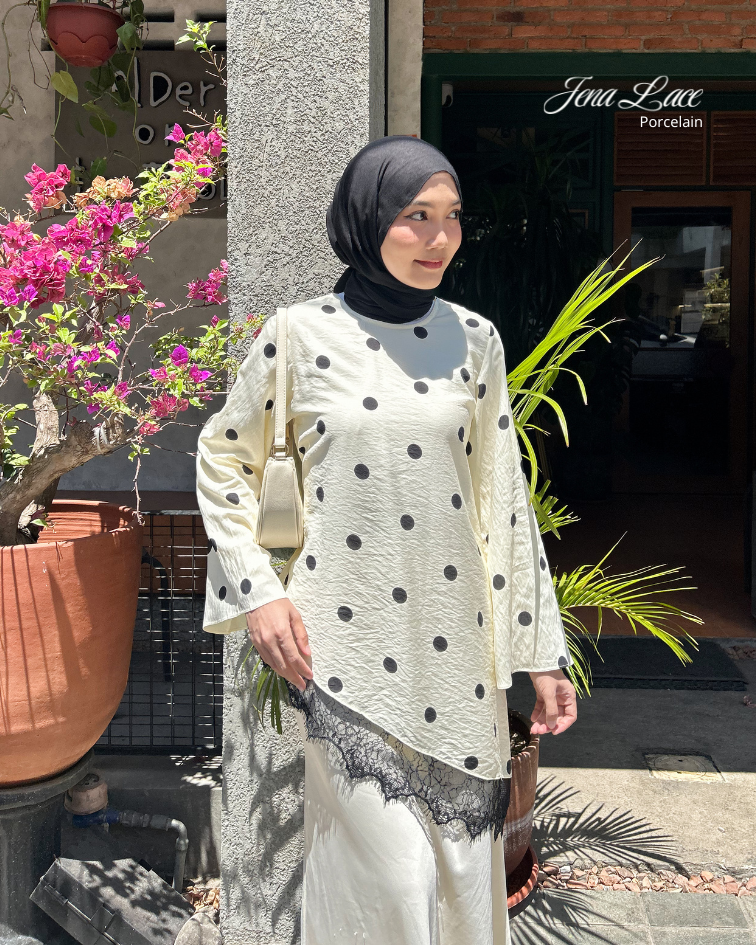 Irine | Jena Lace | Blouse Wanita Lengan Panjang Motif Polkadot Casual Bahan Ringan Sejuk | Atasan Wanita Polka Series Kombinasi Renda Import Premium Kekinian Elegan Sehari-hari