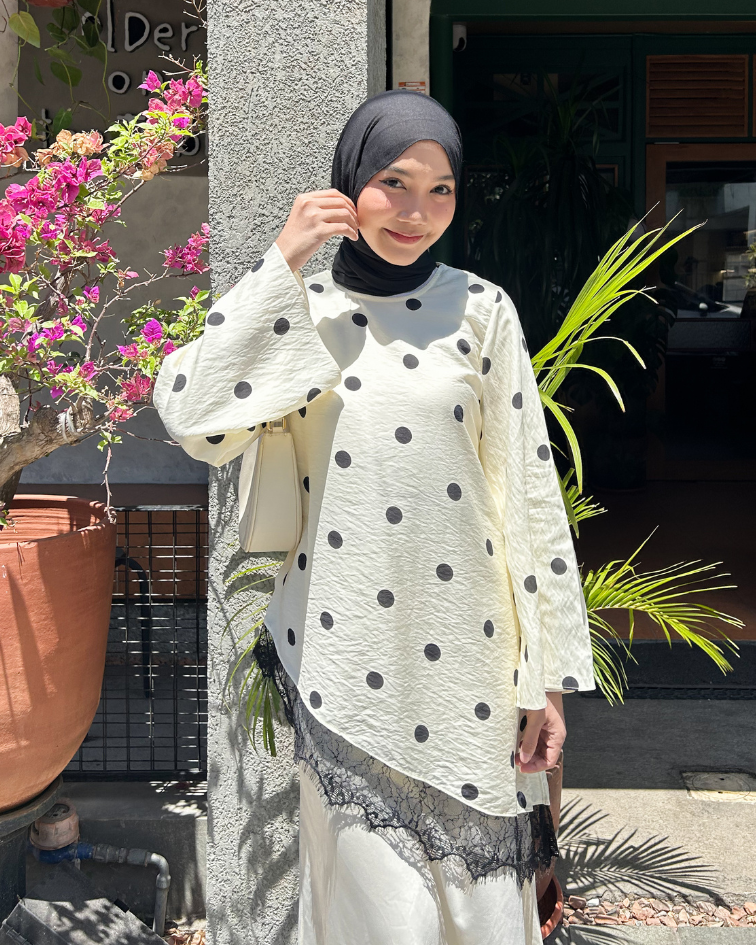 Irine | Jena Lace | Blouse Wanita Lengan Panjang Motif Polkadot Casual Bahan Ringan Sejuk | Atasan Wanita Polka Series Kombinasi Renda Import Premium Kekinian Elegan Sehari-hari