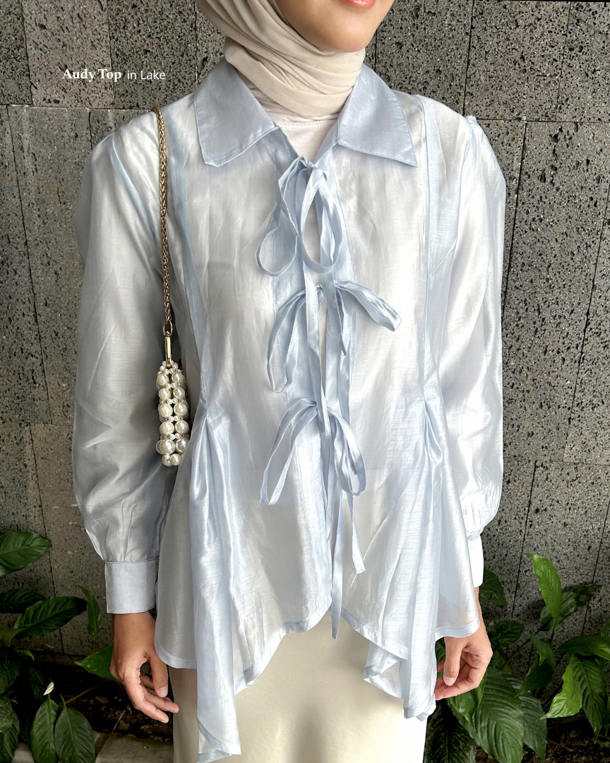 Irine | Audy Top | Blouse Wanita Tencel Glass Premium Shiny Sheer | Atasan Lengan Panjang Gaya Korea Look Elegan