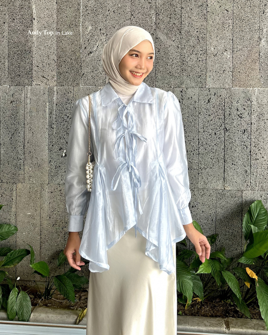 Irine | Audy Top | Blouse Wanita Tencel Glass Premium Shiny Sheer | Atasan Lengan Panjang Gaya Korea Look Elegan
