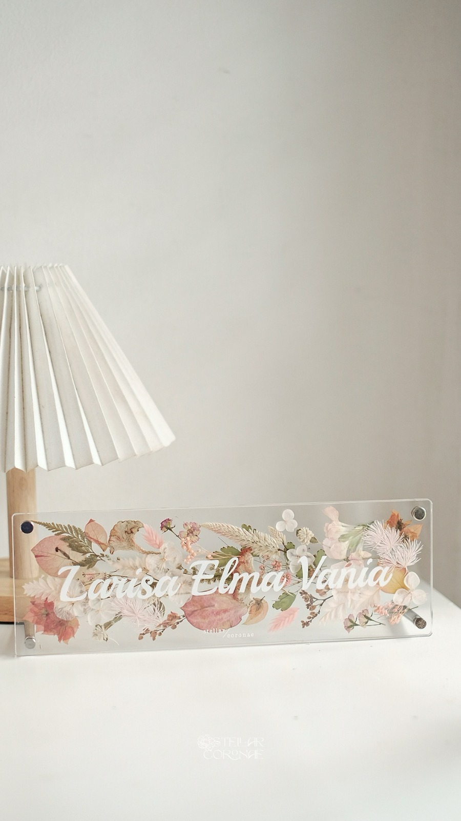10x30cm Rectangle Pristine Hanging/Standing | Bingkai Tulisan Nama Bunga Kering | Hadiah Custom Hiasan Meja/Dinding