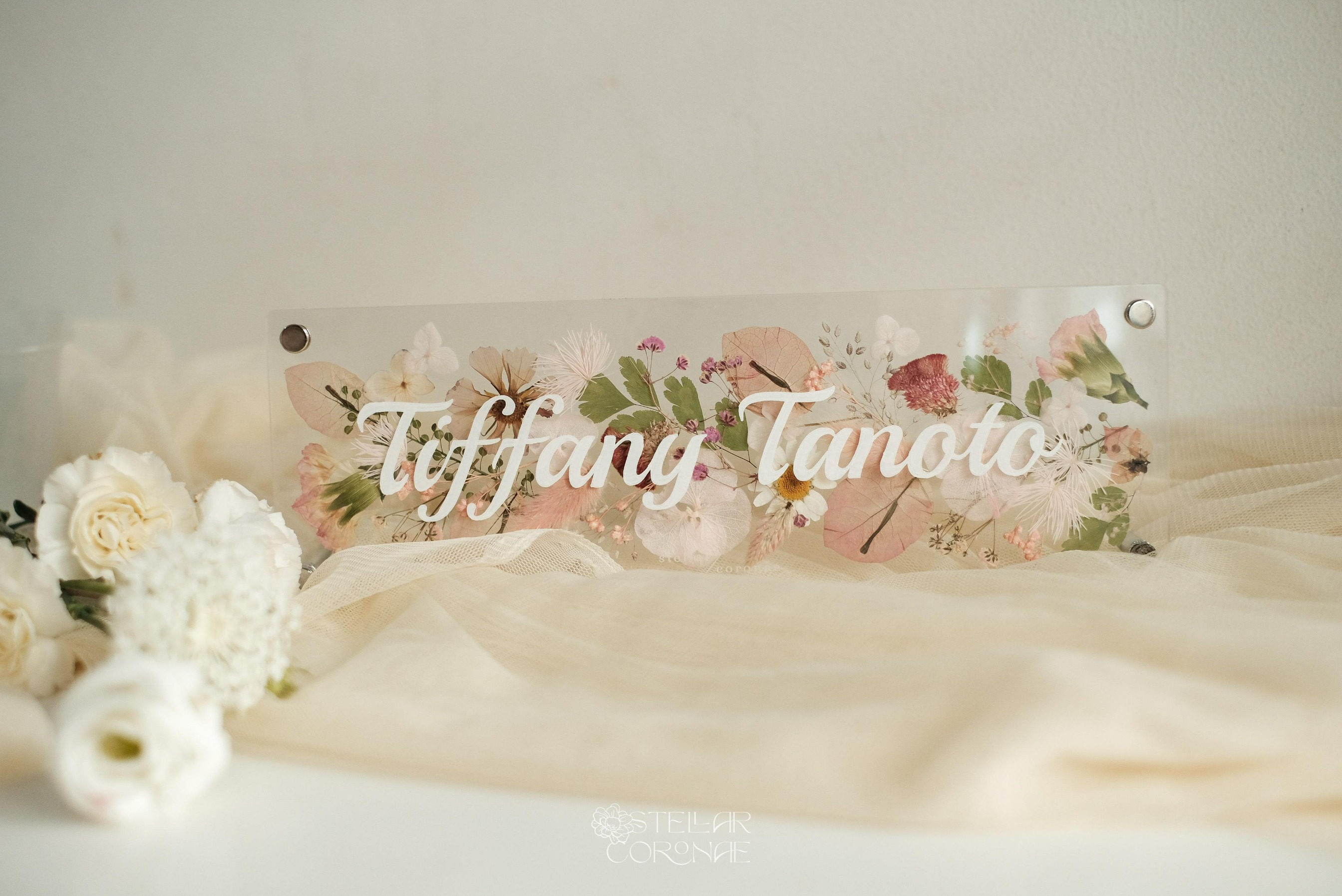 10x30cm Rectangle Pristine Hanging/Standing | Bingkai Tulisan Nama Bunga Kering | Hadiah Custom Hiasan Meja/Dinding