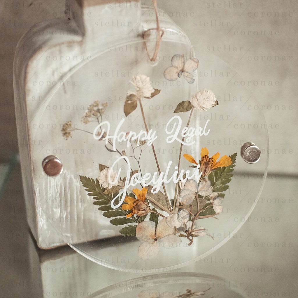 12cm Circle Pristine Hanging | Bingkai Tulisan/Foto Bunga Kering | Hadiah Custom Hiasan Dinding