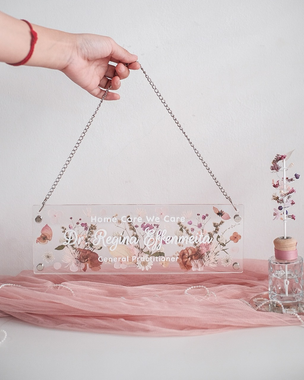 10x30cm Rectangle Pristine Hanging/Standing | Bingkai Tulisan Nama Bunga Kering | Hadiah Custom Hiasan Meja/Dinding