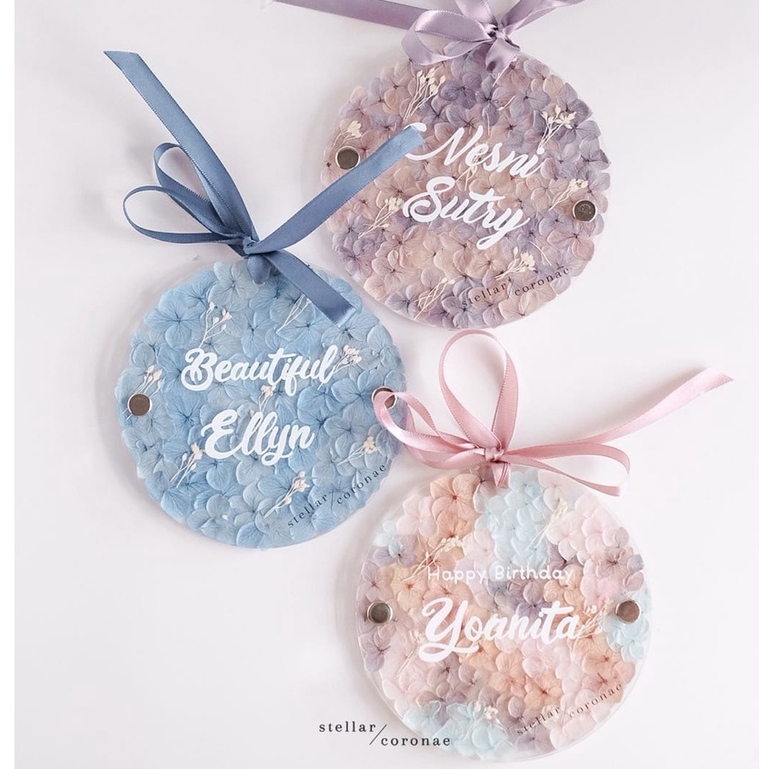 12cm Circle Pristine Hanging Preserved Hydrangea | Bingkai Tulisan/Foto Bunga Kering | Hadiah Custom Hiasan Dinding